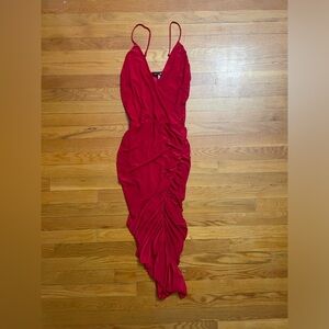 Fashion Nova Red Ruched Asymmetrical Bodycon Dress